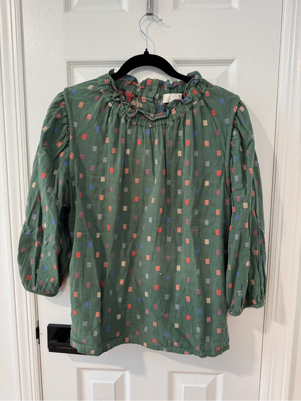 Anthropologie RO & DE Green Multicolor Geometric Ruffle Blouse – Size L